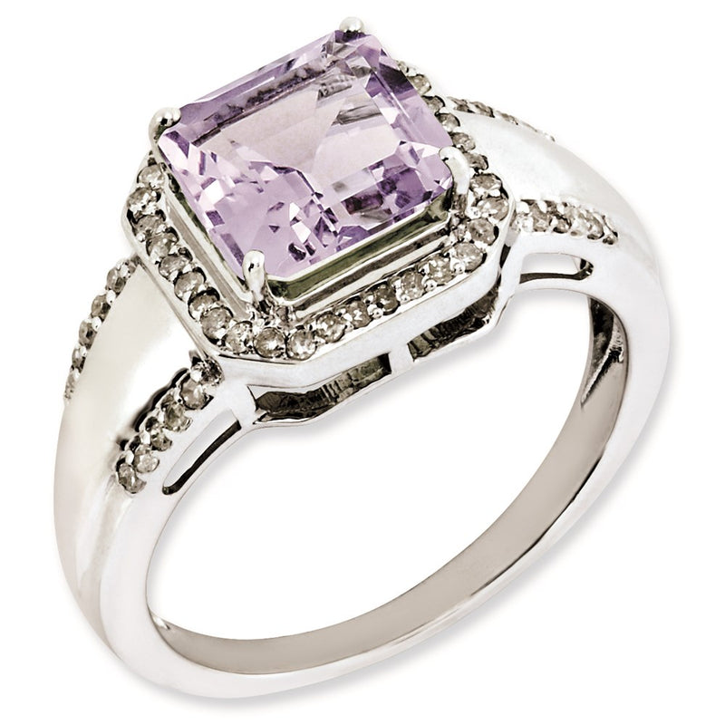 Sterling Silver Rhodium Plated Square Diamond & Pink Quartz Ring (Size 7 Only)