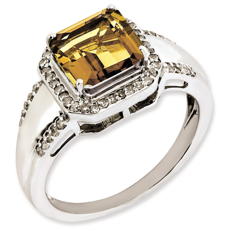 Sterling Silver Rhodium Plated Square Diamond & Whiskey Quartz Ring (Size 7 Only)