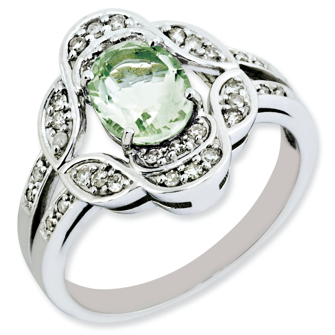 Sterling Silver Rhodium Plated Oval Diamond & Green Quartz Ring