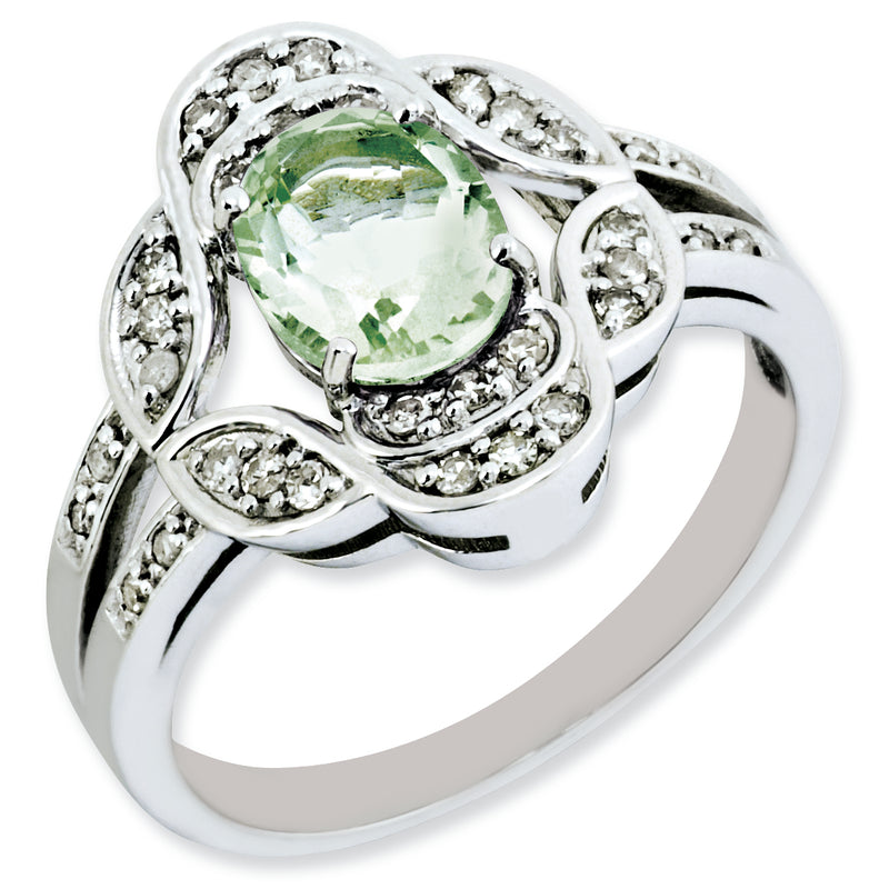 Sterling Silver Rhodium Plated Oval Diamond & Green Quartz Ring