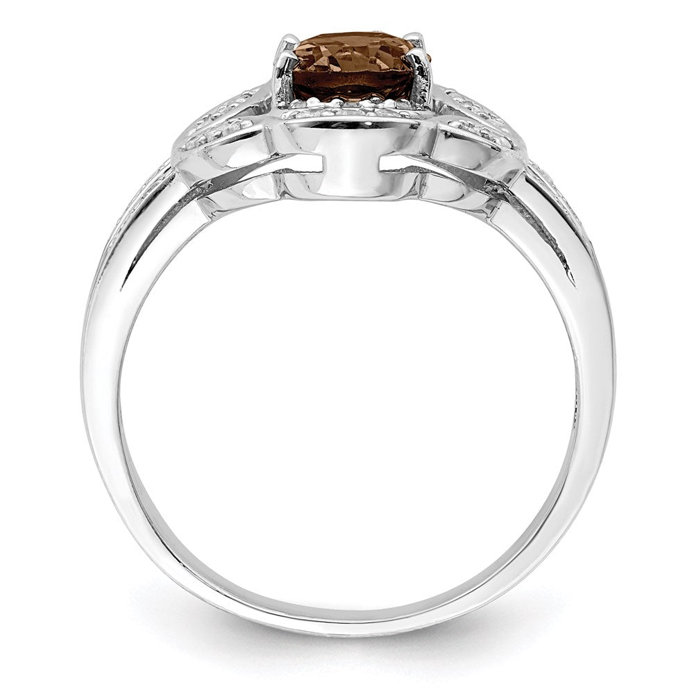 Sterling Silver Rhodium Oval Diamond & Smoky Quartz Ring (Size 7 Only)
