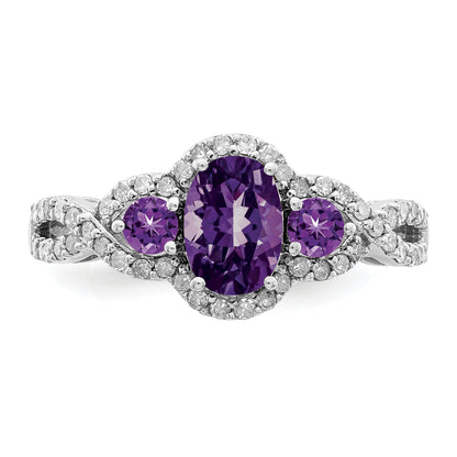 Sterling Silver Rhodium Plated Oval Amethyst & Diamond Ring
