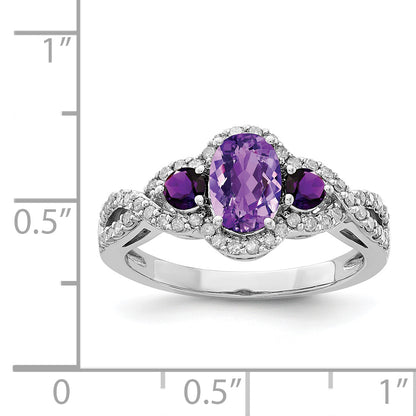 Sterling Silver Rhodium Plated Oval Amethyst & Diamond Ring