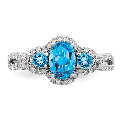 Sterling Silver Rhodium Oval Blue Topaz & Diamond Ring (Size 7 Only)