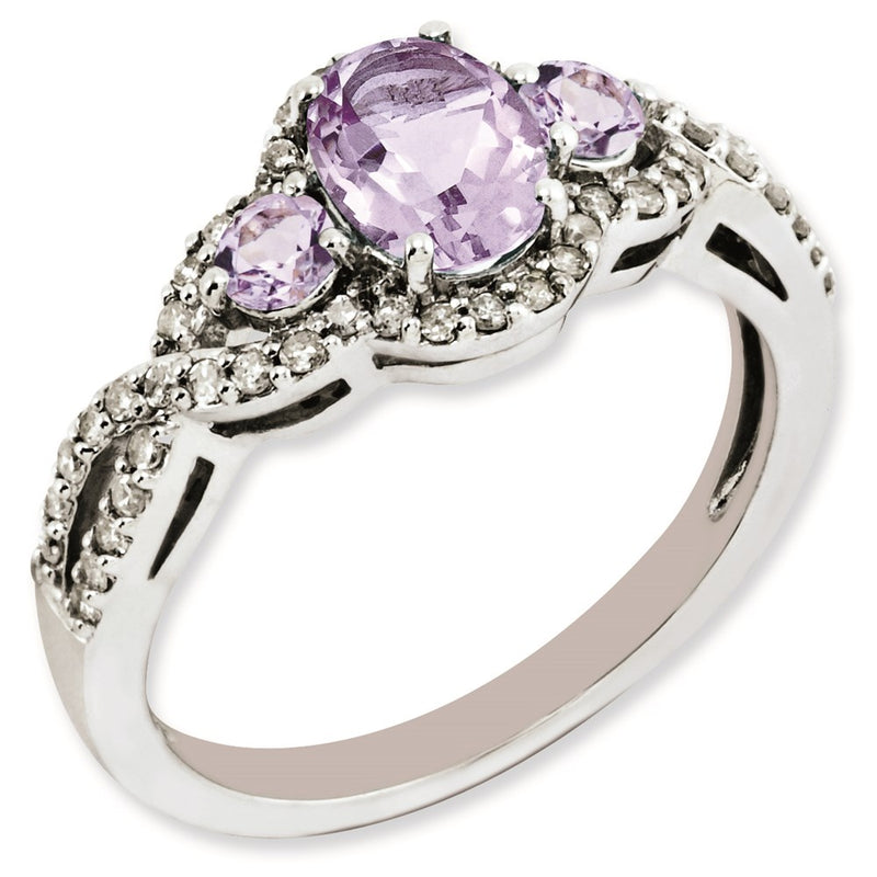 Sterling Silver Rhodium Plated Diamond & Pink Quartz Ring (Size 6 Only)