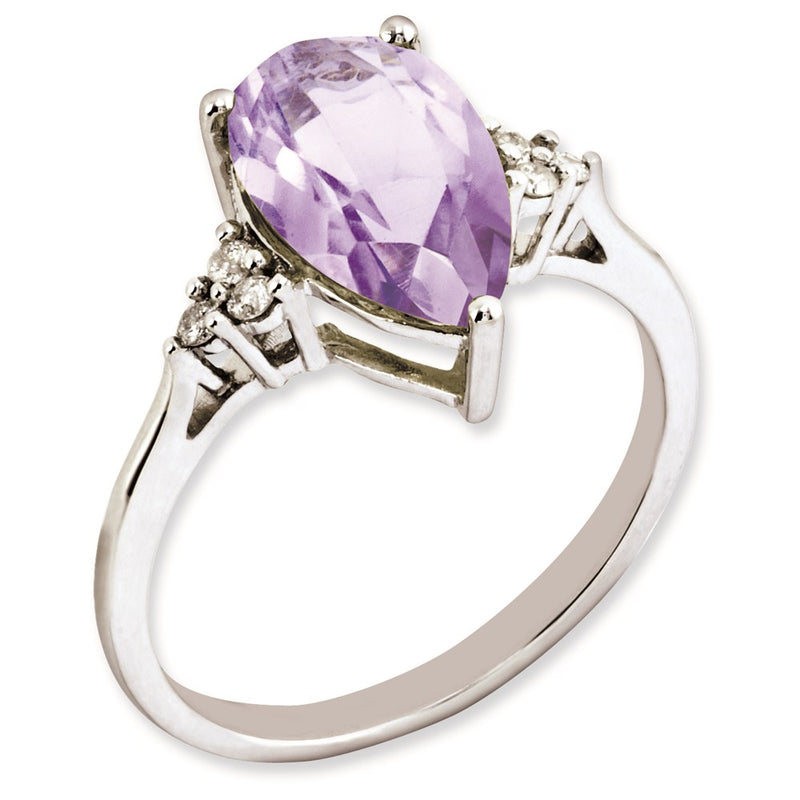 Sterling Silver Rhodium Plated Diamond & Pink Quartz Ring (Size 7 Only)