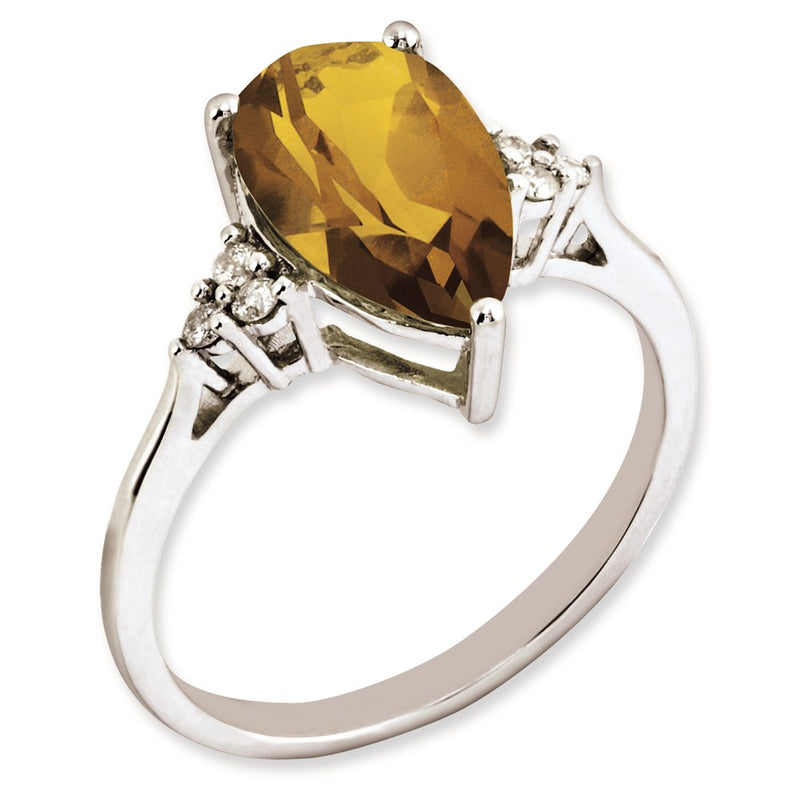 Sterling Silver Rhodium Plated Diamond & Whiskey Quartz Ring (Size 7 Only)
