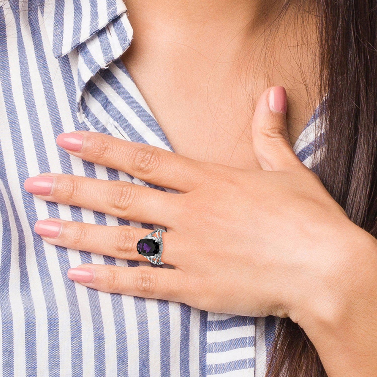 Sterling Silver Rhodium Plated Amethyst Ring