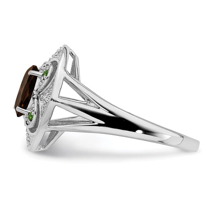 Sterling Silver Rhodium Oval Smoky Quartz & Diamond Ring (Size 7 Only)