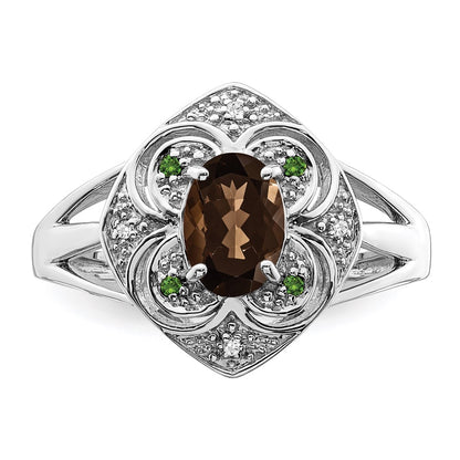Sterling Silver Rhodium Oval Smoky Quartz & Diamond Ring (Size 7 Only)