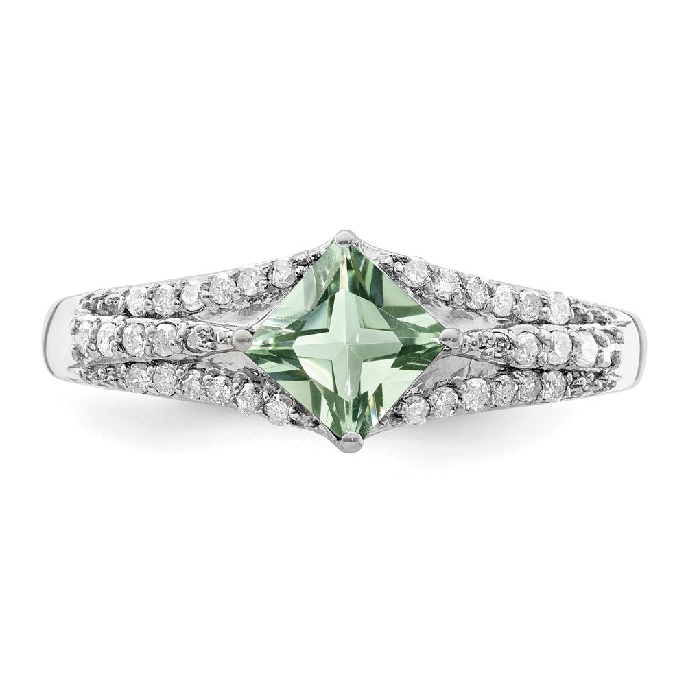 Sterling Silver Rhodium Green Quartz & Diamond Ring (Size 7 Only)