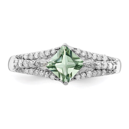 Sterling Silver Rhodium Green Quartz & Diamond Ring (Size 7 Only)