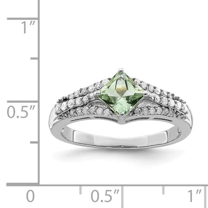 Sterling Silver Rhodium Green Quartz & Diamond Ring (Size 7 Only)