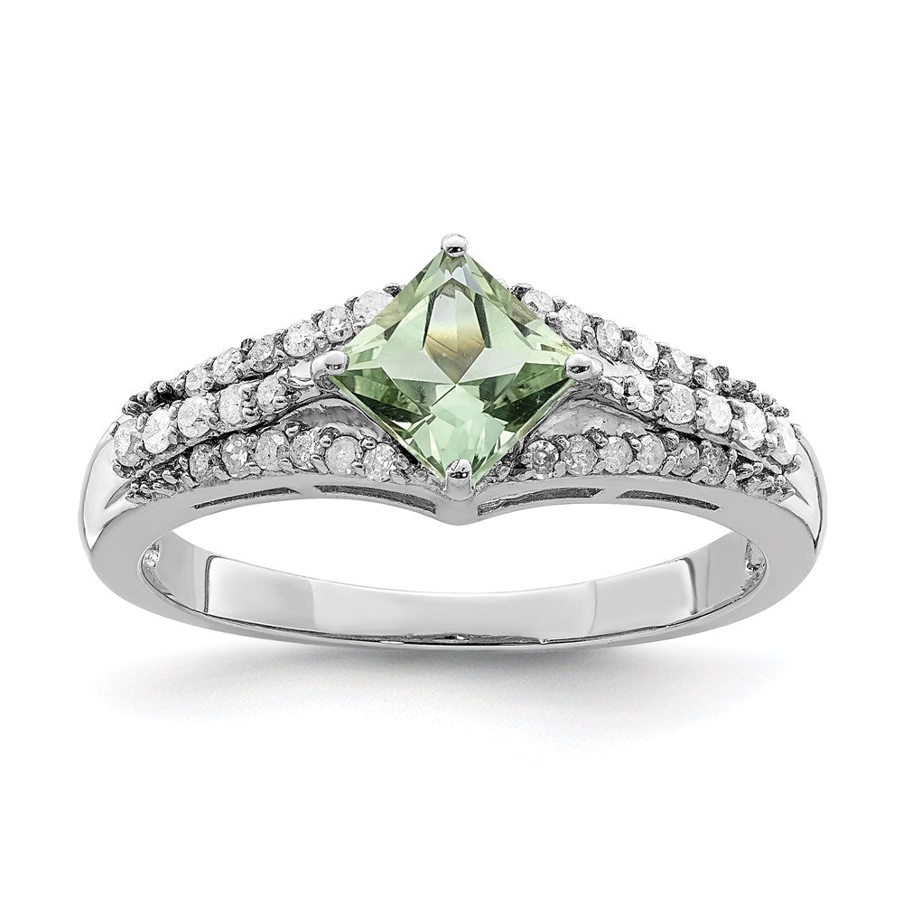 Sterling Silver Rhodium Green Quartz & Diamond Ring (Size 7 Only)