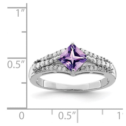 Sterling Silver Rhodium Plated Diamond & Amethyst Ring (Size 7 Only)