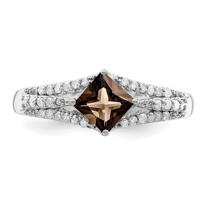 Sterling Silver Rhodium Smoky Quartz & Diamond Ring (Size 7 Only)