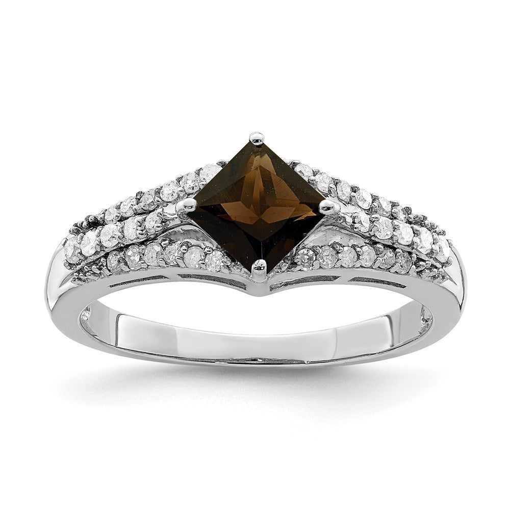 Sterling Silver Rhodium Smoky Quartz & Diamond Ring (Size 7 Only)