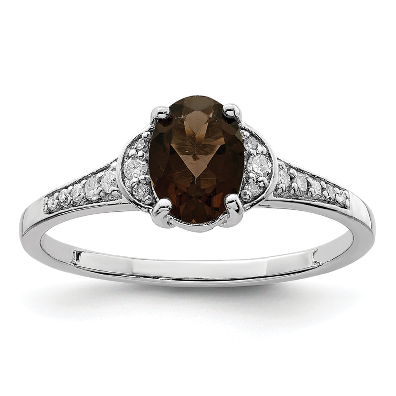 Sterling Silver Rhodium Smoky Quartz & Diamond Ring