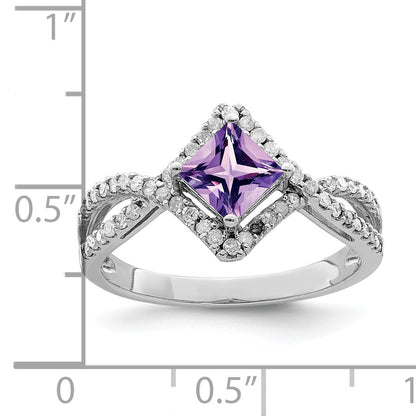 Sterling Silver Rhodium Plated Diamond & Amethyst Ring