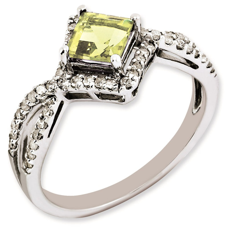 Sterling Silver Rhodium Plated Lemon Quartz & Diamond Ring (Size 6 Only)