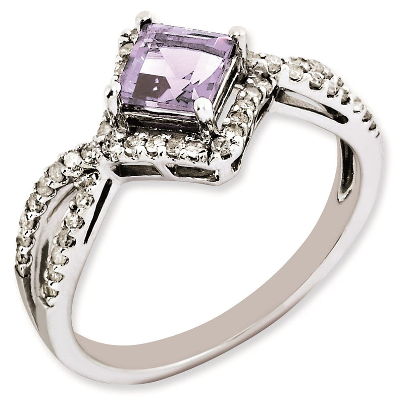 Sterling Silver Rhodium Plated Pink Quartz & Diamond Ring