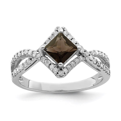 Sterling Silver Rhodium Smoky Quartz & Diamond Ring (Size 7 Only)