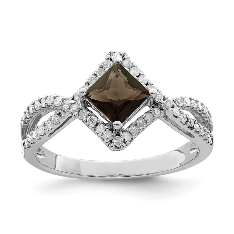 Sterling Silver Rhodium Smoky Quartz & Diamond Ring (Size 7 Only)
