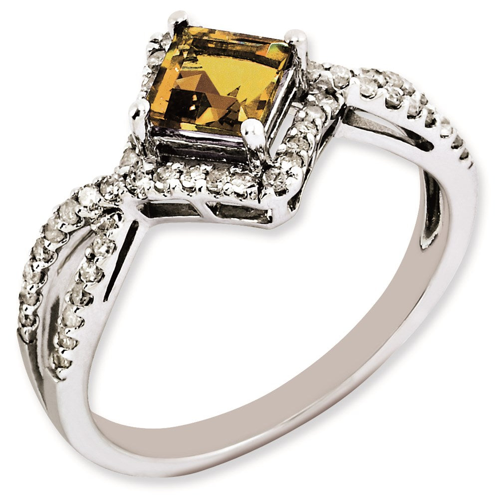 Sterling Silver Rhodium Plated Whiskey Quartz & Diamond Ring
