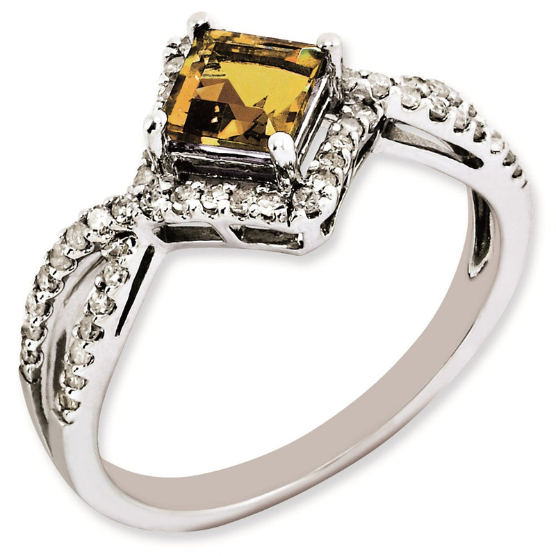 Sterling Silver Rhodium Plated Whiskey Quartz & Diamond Ring