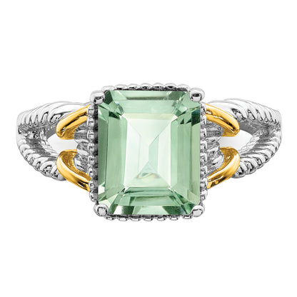 Sterling Silver Rhodium W/ Flash Gold Plate Green Quartz Ring (Size 5 Only)