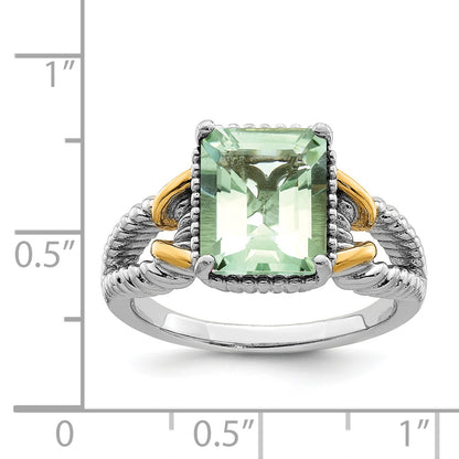 Sterling Silver Rhodium W/ Flash Gold Plate Green Quartz Ring (Size 5 Only)