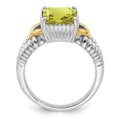 Sterling Silver Rhodium W/ Flash Gold Plate Lemon Quartz Octagonal Ring (Size 7 Only)