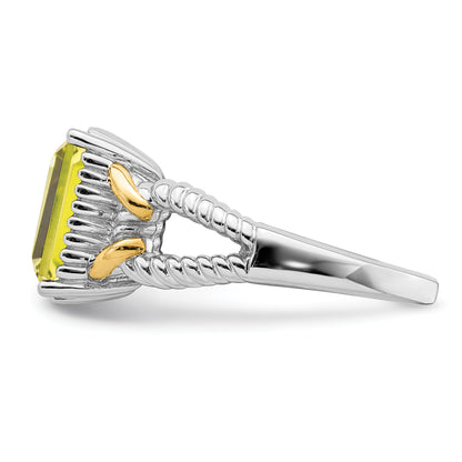 Sterling Silver Rhodium W/ Flash Gold Plate Lemon Quartz Octagonal Ring (Size 7 Only)