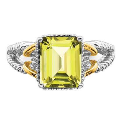 Sterling Silver Rhodium W/ Flash Gold Plate Lemon Quartz Octagonal Ring (Size 7 Only)