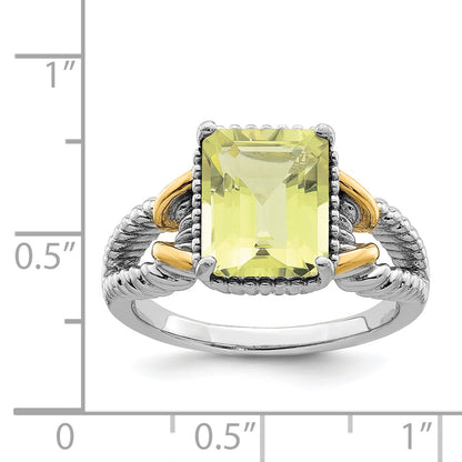 Sterling Silver Rhodium W/ Flash Gold Plate Lemon Quartz Octagonal Ring (Size 7 Only)
