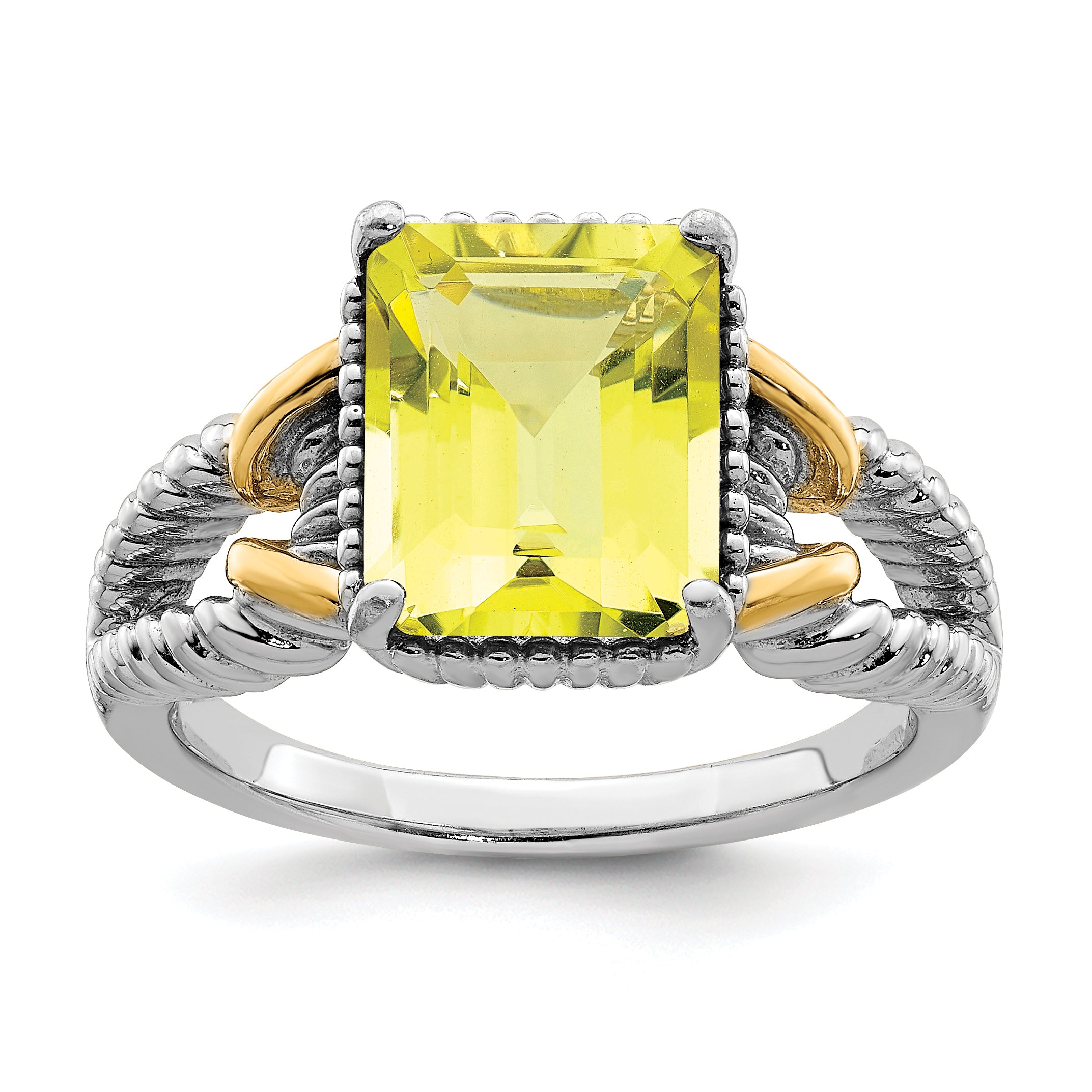 Sterling Silver Rhodium W/ Flash Gold Plate Lemon Quartz Octagonal Ring (Size 7 Only)