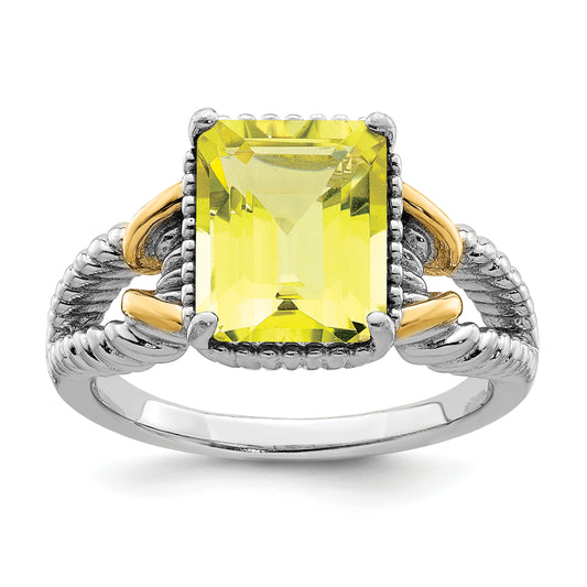 Sterling Silver Rhodium W/ Flash Gold Plate Lemon Quartz Octagonal Ring (Size 7 Only)