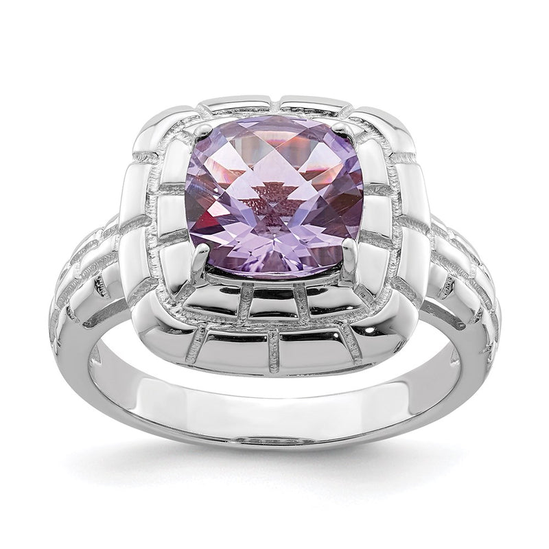Sterling Silver Rhodium Checker Cut Pink Quartz Ring (Size 7 Only)