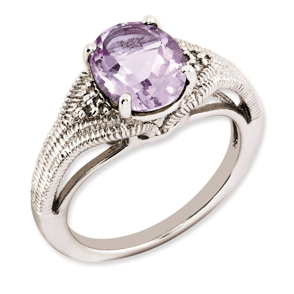 Sterling Silver Rhodium Plated Oval Pink Quartz & Diamond Ring (Size 7 Only)