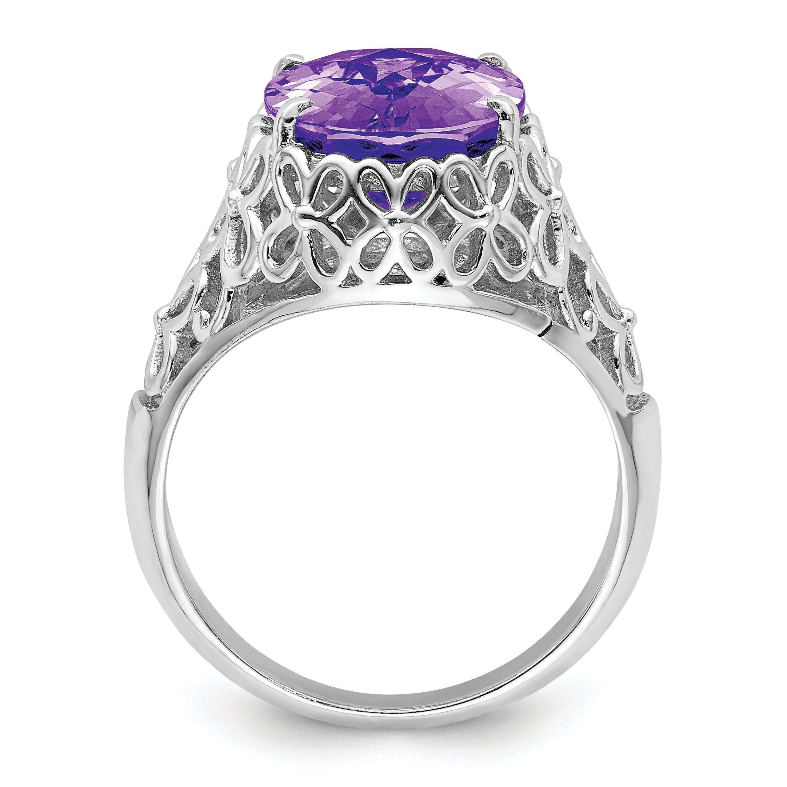Sterling Silver Rhodium Plated Oval Checker Cut Amethyst Ring (Size 7 Only)