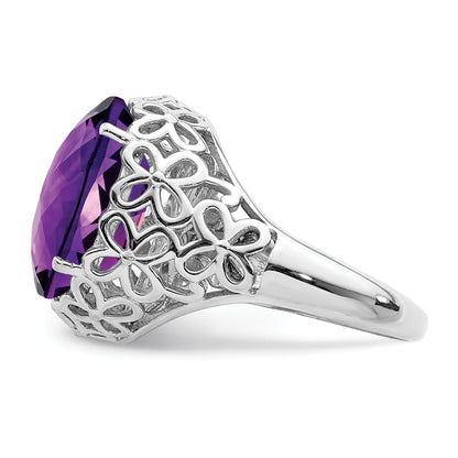 Sterling Silver Rhodium Plated Oval Checker Cut Amethyst Ring (Size 7 Only)