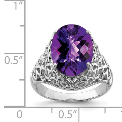 Sterling Silver Rhodium Plated Oval Checker Cut Amethyst Ring (Size 7 Only)