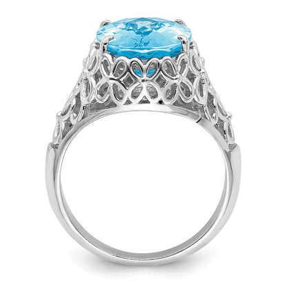 Sterling Silver Rhodium Checker Cut Sky Blue Topaz Ring (Size 7 Only)