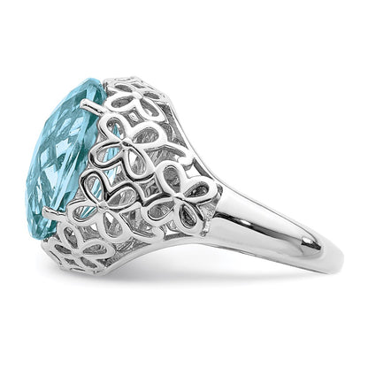 Sterling Silver Rhodium Checker Cut Sky Blue Topaz Ring (Size 7 Only)
