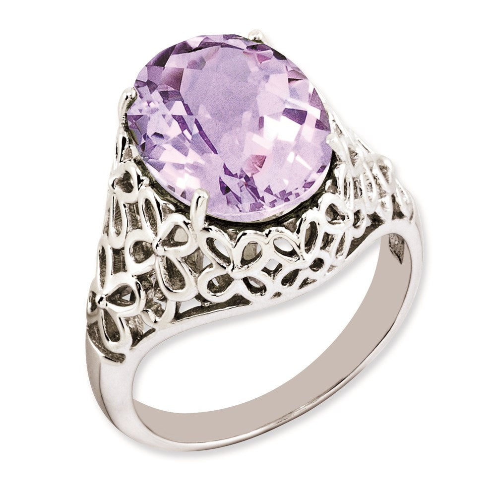 Sterling Silver Rhodium Plated Oval Checker Cut Pink Quartz Ring (Size 7 Only)