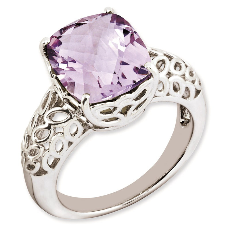 Sterling Silver Rhodium Plated Checker Cut Pink Quartz Ring (Size 7 Only)
