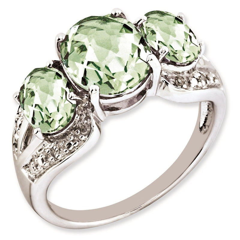 Sterling Silver Rhodium Plated Checker Cut Green Quartz & Diamond Ring (Size 5 Only)