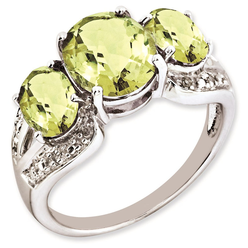 Sterling Silver Rh Plated Oval Checker Cut Lemon Quartz & Diamond Ring (Size 7 Only)