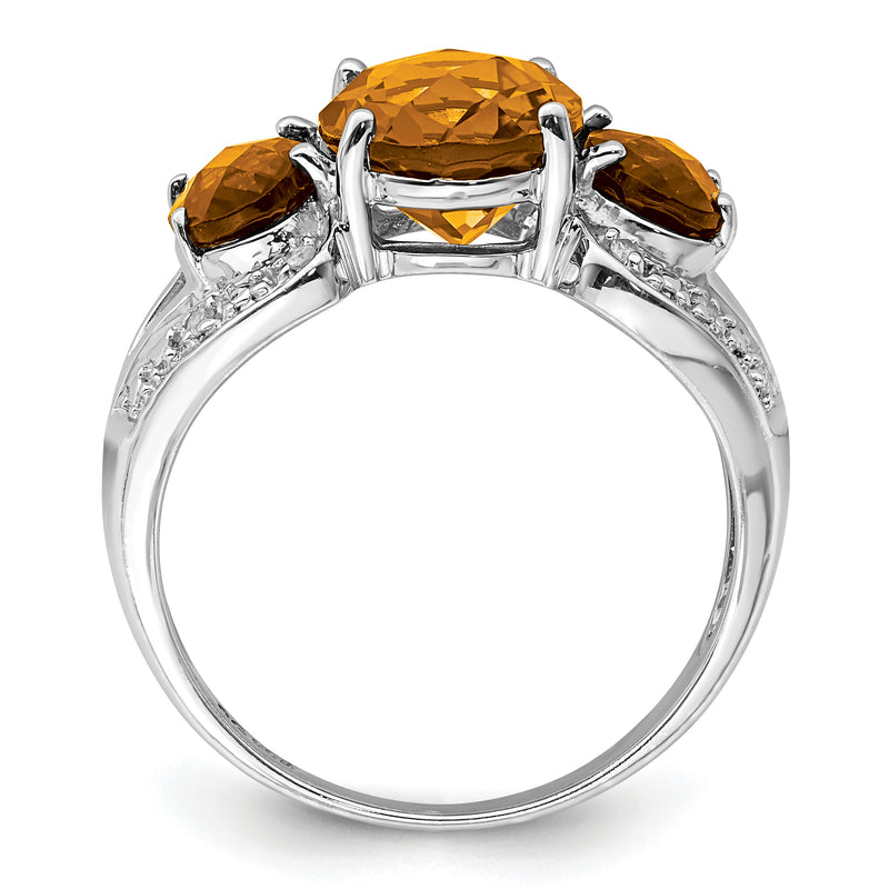 Sterling Silver Rhodium Oval Checker Cut Whiskey Quartz & Diamond Ring