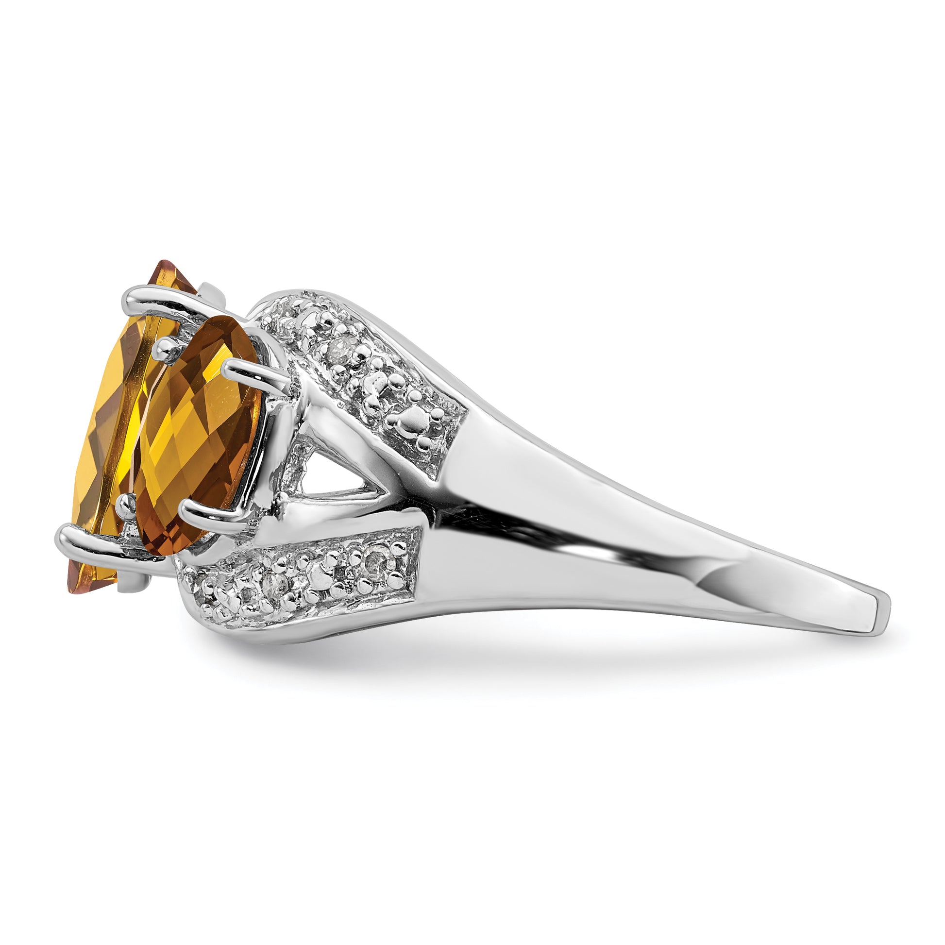 Sterling Silver Rhodium Oval Checker Cut Whiskey Quartz & Diamond Ring